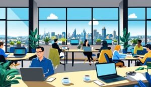 People working on laptops in a modern office with city view