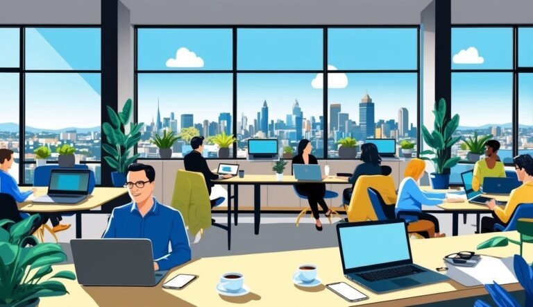 People working on laptops in a modern office with city view