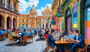 People working on laptops at outdoor cafe with colorful buildings