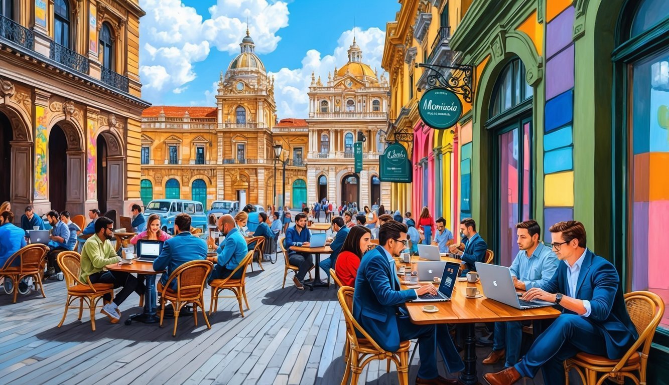 People working on laptops at outdoor cafe with colorful buildings