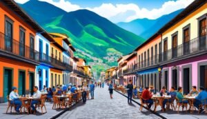 Colorful street scene with restaurants, people, and mountains in the background