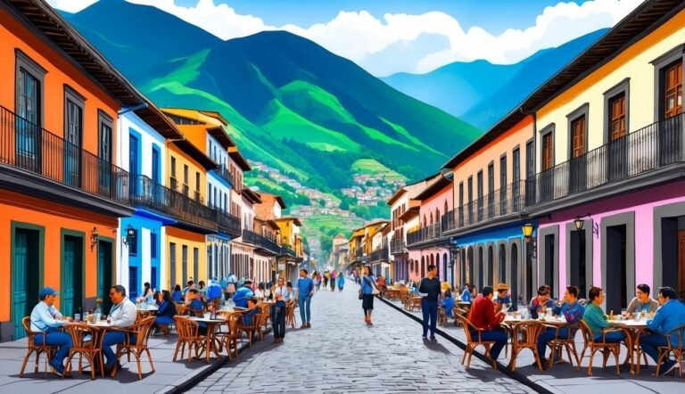 Colorful street scene with restaurants, people, and mountains in the background