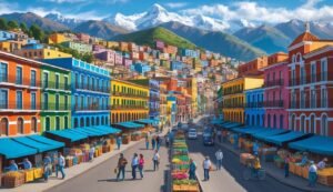 Colorful buildings line a street with market stalls, mountains in the background
