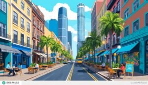 Illustration of a city street with restaurants, palm trees, and skyscrapers