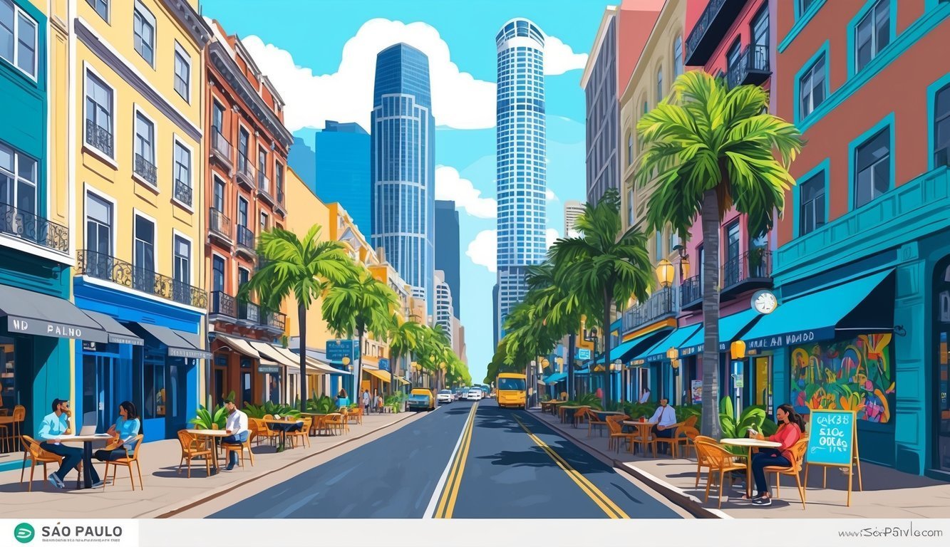 Illustration of a city street with restaurants, palm trees, and skyscrapers