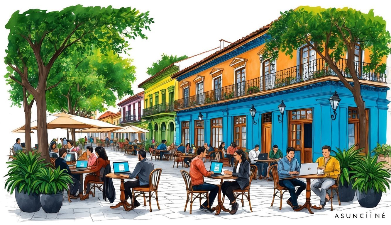 People working on laptops at outdoor cafe with colorful buildings