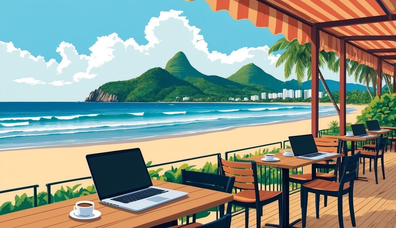 Beachside cafe with laptops, coffee, and a view of mountains and ocean