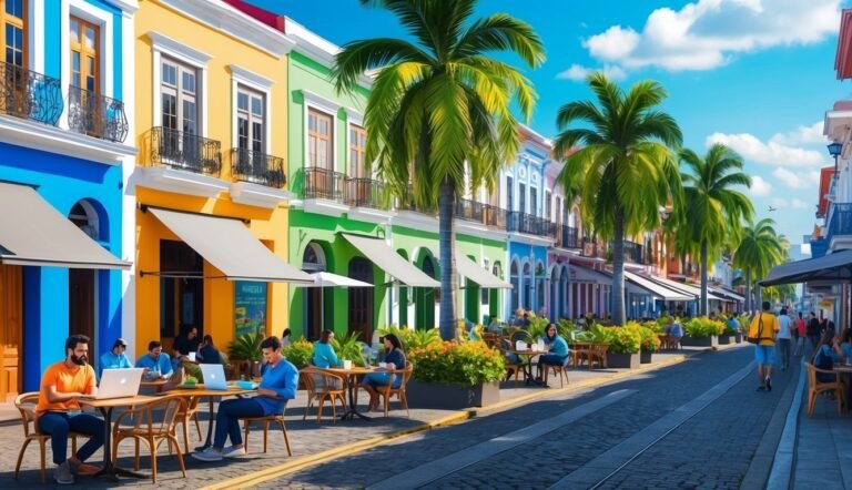 Colorful buildings line a street with palm trees and people at outdoor cafes