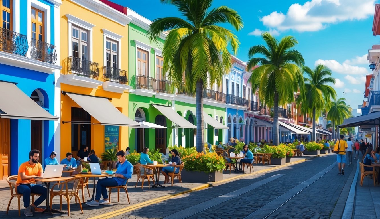 Colorful buildings line a street with palm trees and people at outdoor cafes
