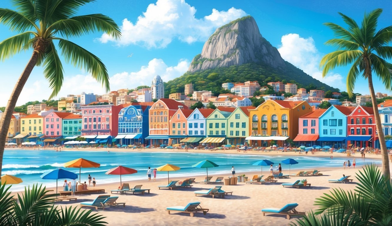 Beach scene with colorful buildings, mountain, palm trees, and umbrellas