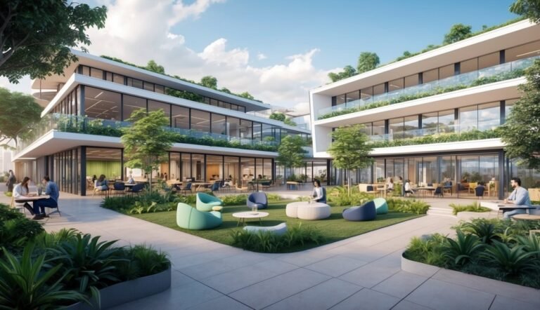 Modern office building with outdoor seating and green spaces, people working