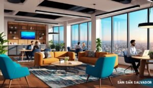 Modern office space with people working, city view, and colorful furniture