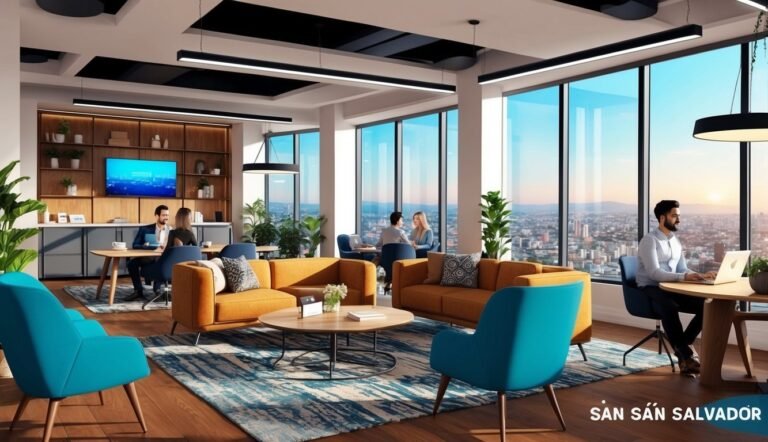 Modern office space with people working, city view, and colorful furniture