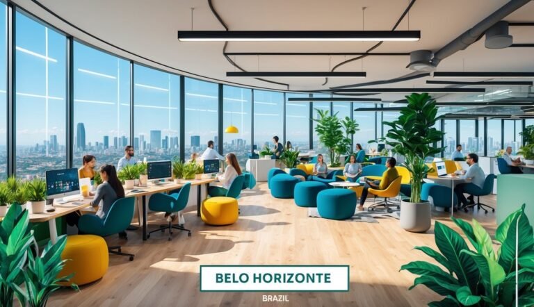 Modern office space with city view, people working, and colorful furniture