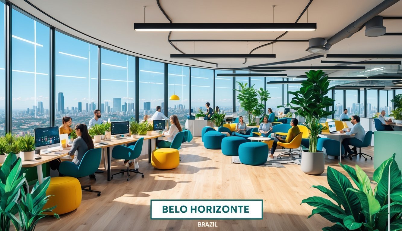 Modern office space with city view, people working, and colorful furniture