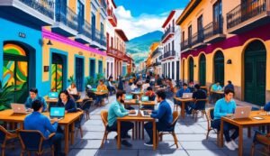 People working on laptops at outdoor tables in a colorful street