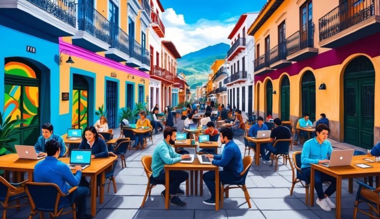 People working on laptops at outdoor tables in a colorful street