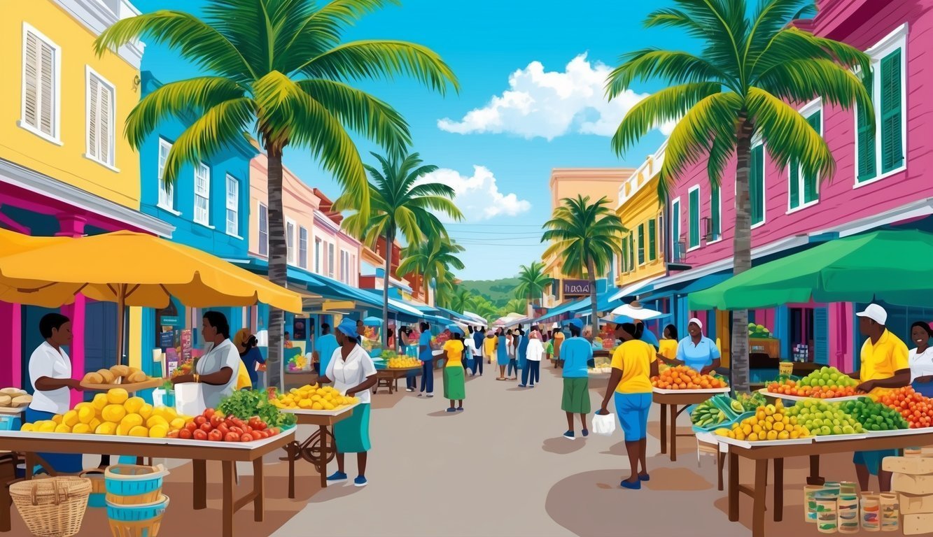 Tropical market scene with colorful buildings, palm trees, and fruit vendors