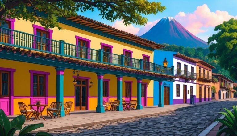 Colorful buildings line a cobblestone street with a volcano in the background
