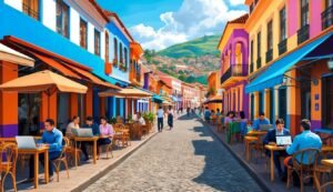 Colorful street scene with people working on laptops at outdoor cafes