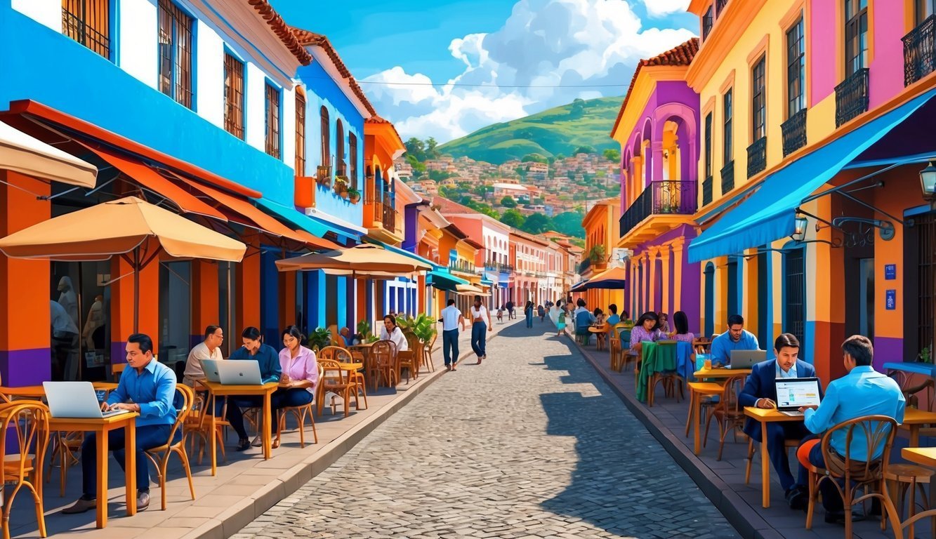 Colorful street scene with people working on laptops at outdoor cafes