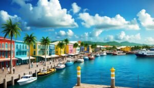 Colorful buildings line a harbor with boats, palm trees, and blue water