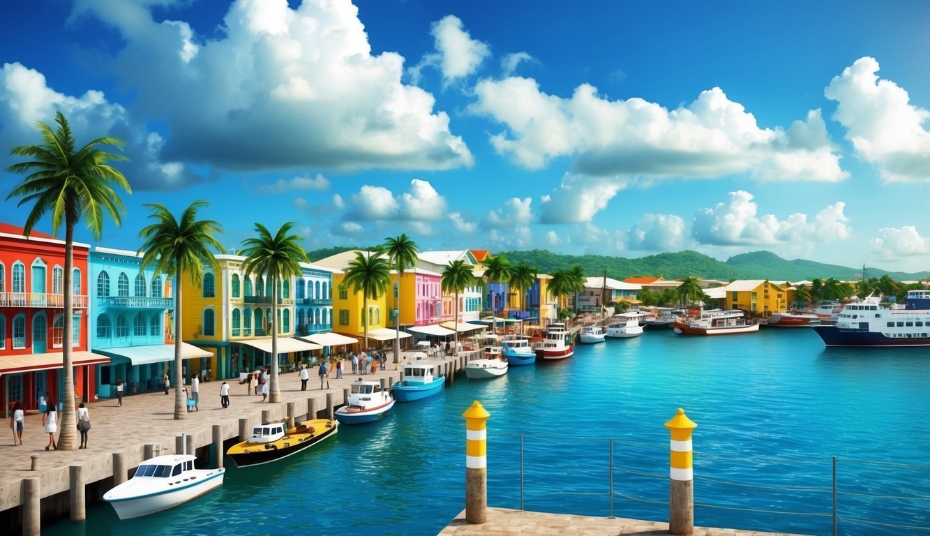 Colorful buildings line a harbor with boats, palm trees, and blue water