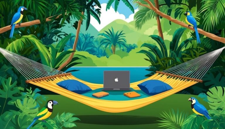 Hammock with laptop, surrounded by tropical plants and parrots