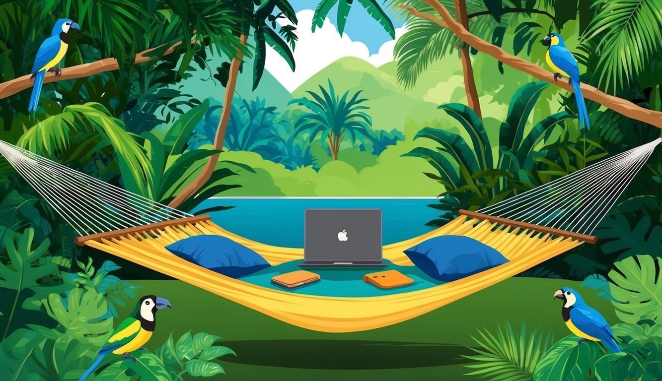 Hammock with laptop, surrounded by tropical plants and parrots
