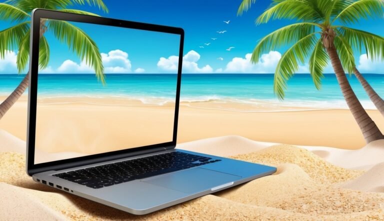 Laptop on a sandy beach with a view of the ocean and palm trees