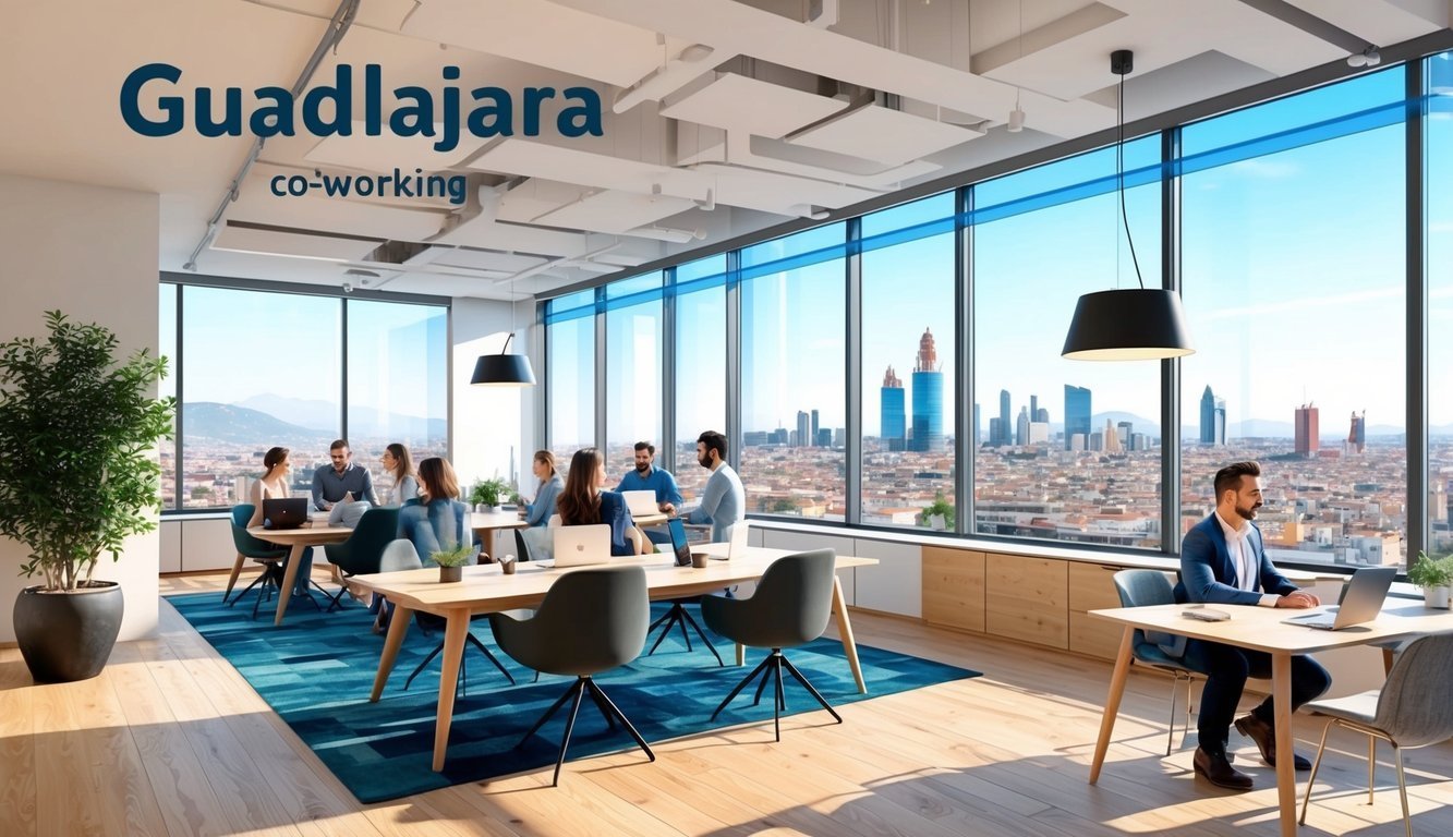 Co-working space in Guadalajara with city view, people working, and modern design