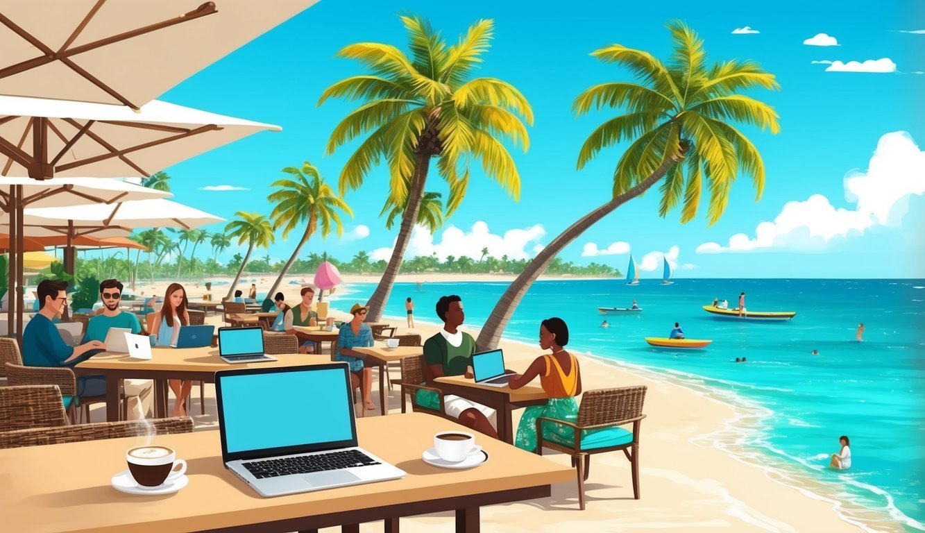 People working on laptops at a beachside cafe with palm trees