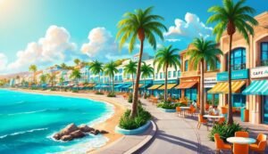 Beachfront cafes and palm trees line a sunny, tropical seaside town