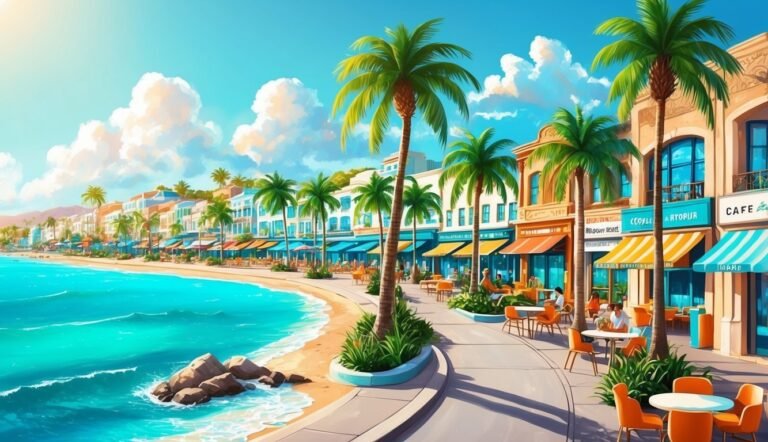Beachfront cafes and palm trees line a sunny, tropical seaside town