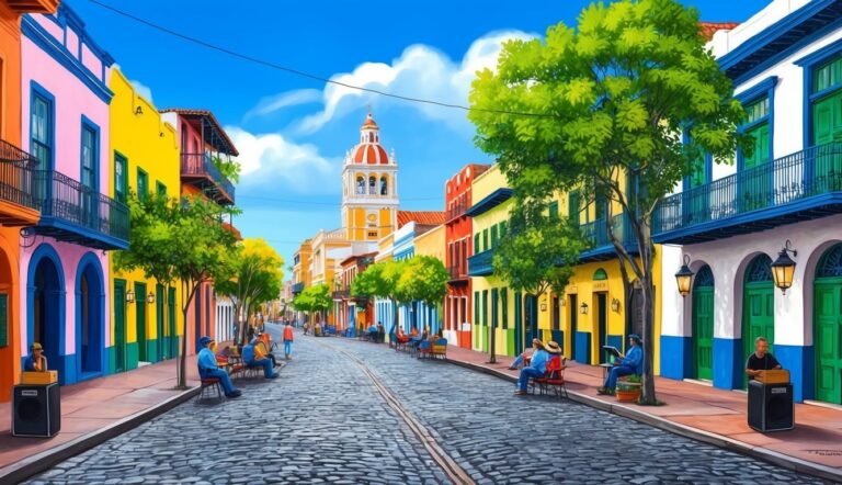 Colorful street scene with cobblestone road, buildings, and people sitting outside