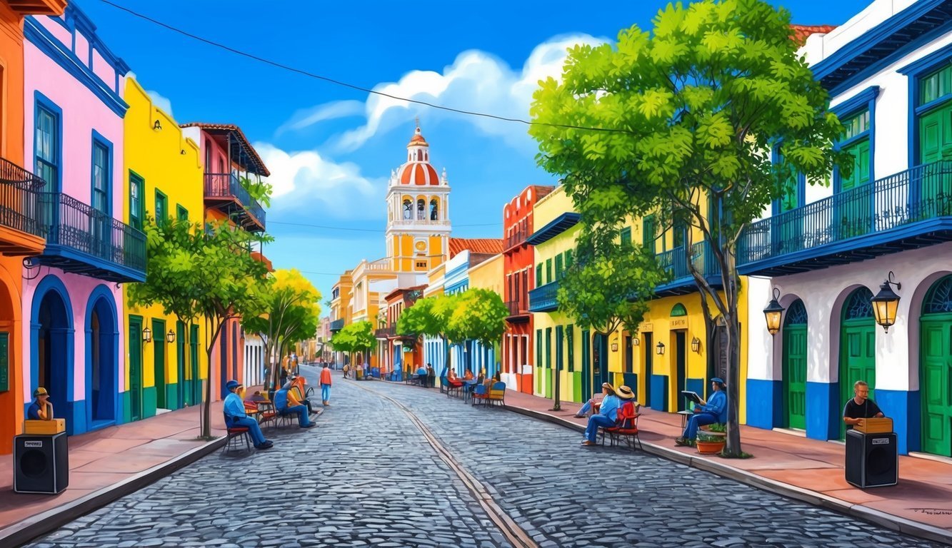 Colorful street scene with cobblestone road, buildings, and people sitting outside