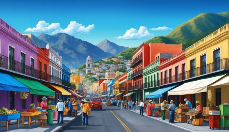 Colorful street scene with market stalls, people, and mountains in the background
