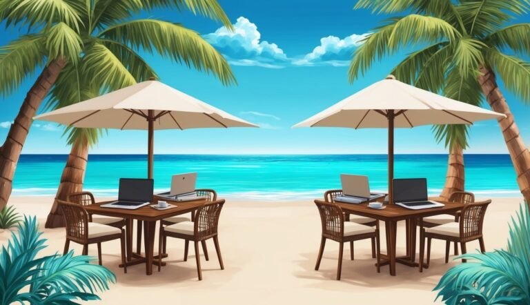 Two tables with laptops under umbrellas on a tropical beach