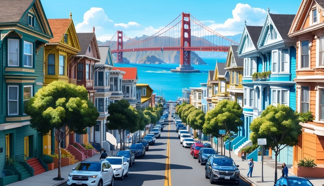 Colorful houses line a street with the Golden Gate Bridge in the distance