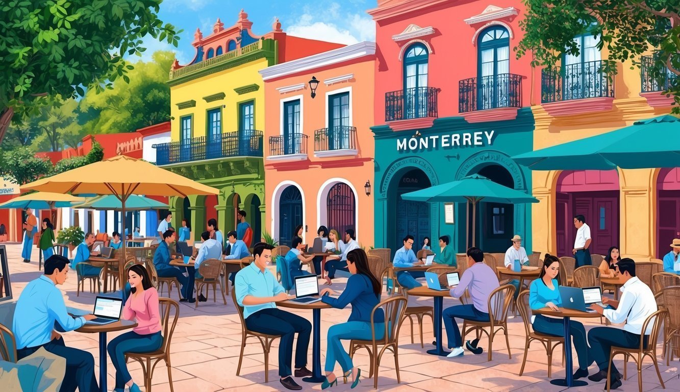 People working on laptops at outdoor cafe in Monterrey, Mexico