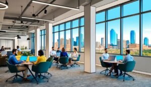 Modern office space with people working on laptops, city skyline view