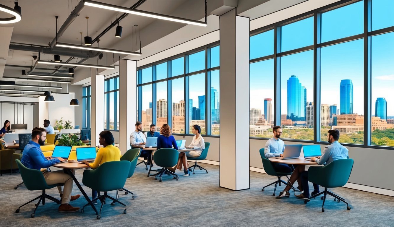 Modern office space with people working on laptops, city skyline view