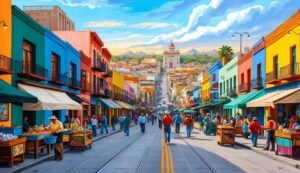 Colorful street scene with pedestrians, shops, and a church in the distance