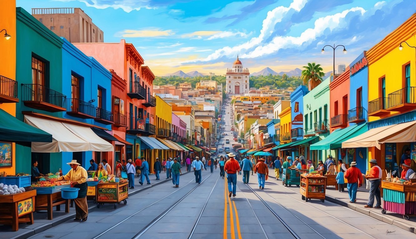 Colorful street scene with pedestrians, shops, and a church in the distance