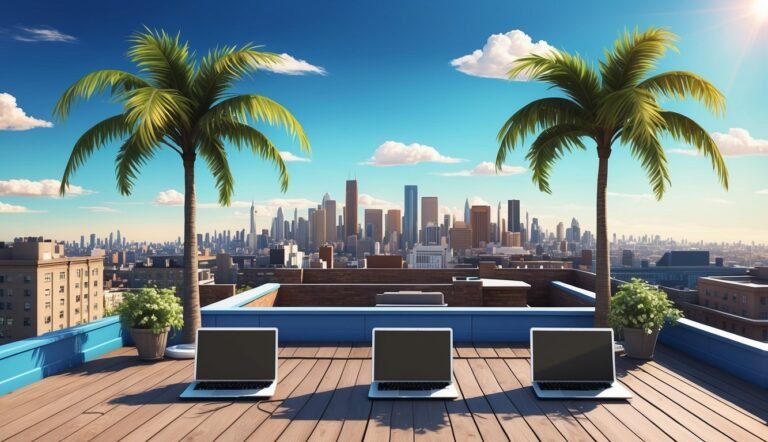 Rooftop with palm trees, laptops, and city skyline in the background