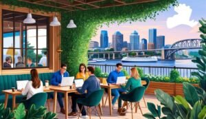 People working on laptops at a cafe overlooking a city skyline