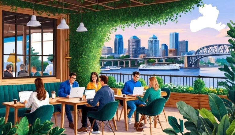 People working on laptops at a cafe overlooking a city skyline