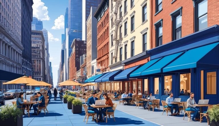 People working on laptops at outdoor cafes on a city street