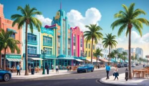 Colorful Miami street scene with art deco buildings and palm trees