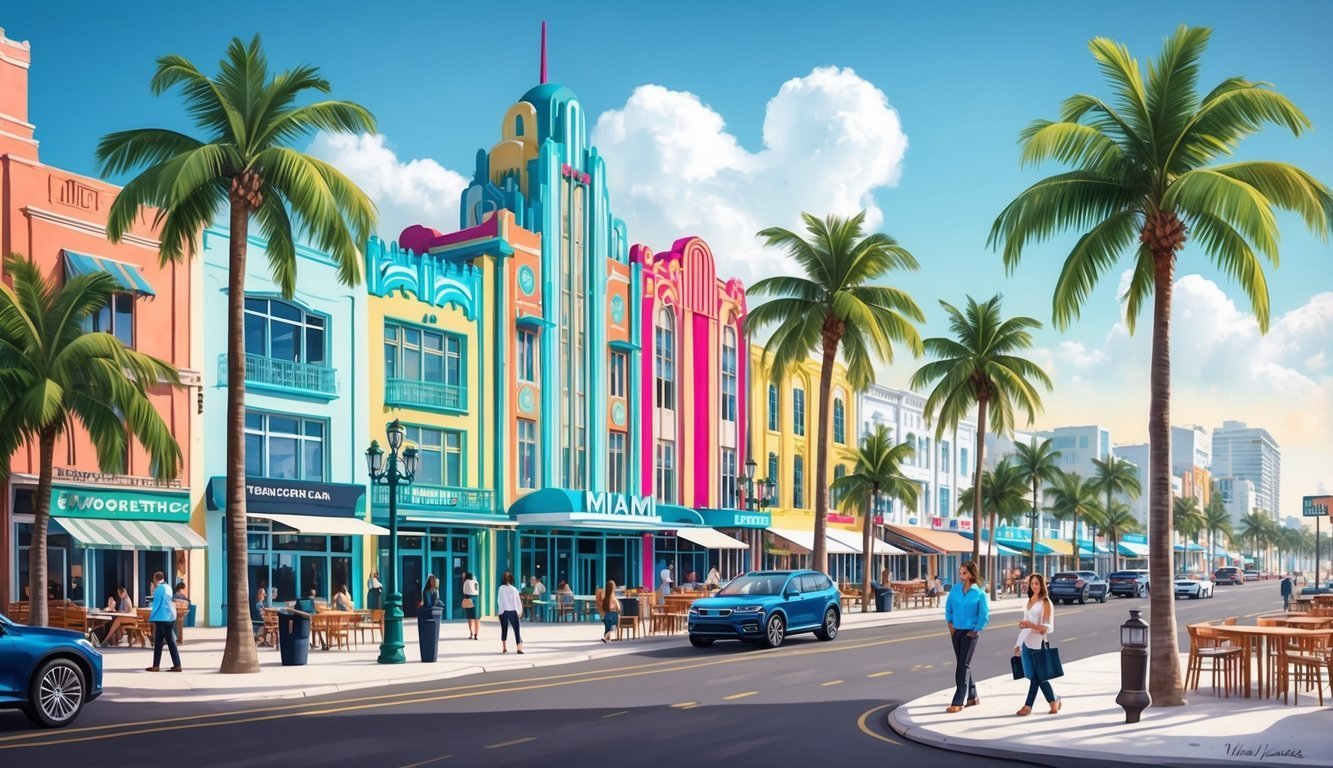 Colorful Miami street scene with art deco buildings and palm trees